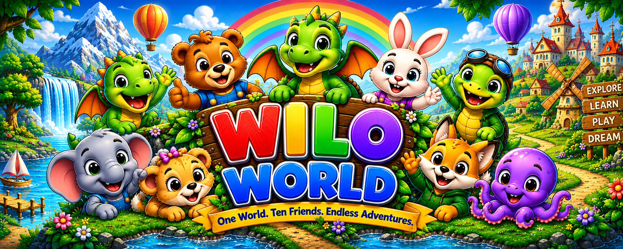 Wilo World friends in a colourful world of rainbows, waterfalls and castles. One World. Ten Friends. Endless Adventures.